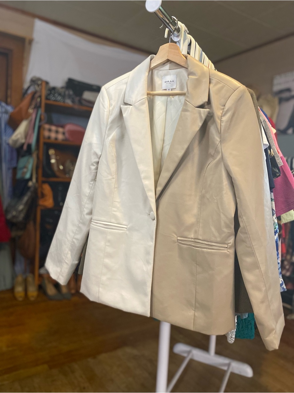 Gilli Cream Beige Split Color Faux Leather Blazer Jacket - Women's